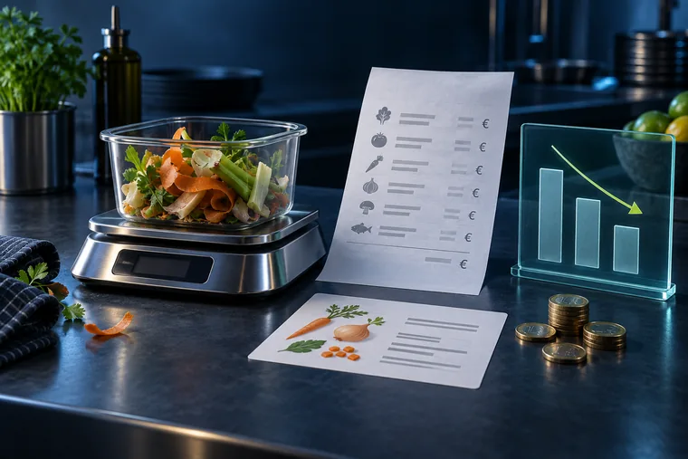 Báscula con merma de ingredientes y una factura ilustrada para revisar costes